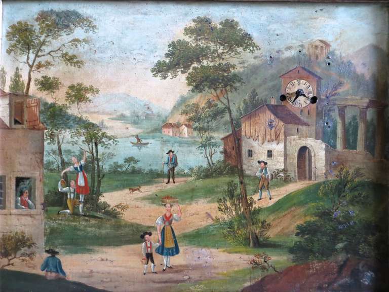 These painting clocks are very rare, especially containing the music box. Of Austrian manufacture circa 1820-1830, this Biedermeier picture (painting) clock is a naive and charming oil painting on metal, which depicts nine people dressed in colorful