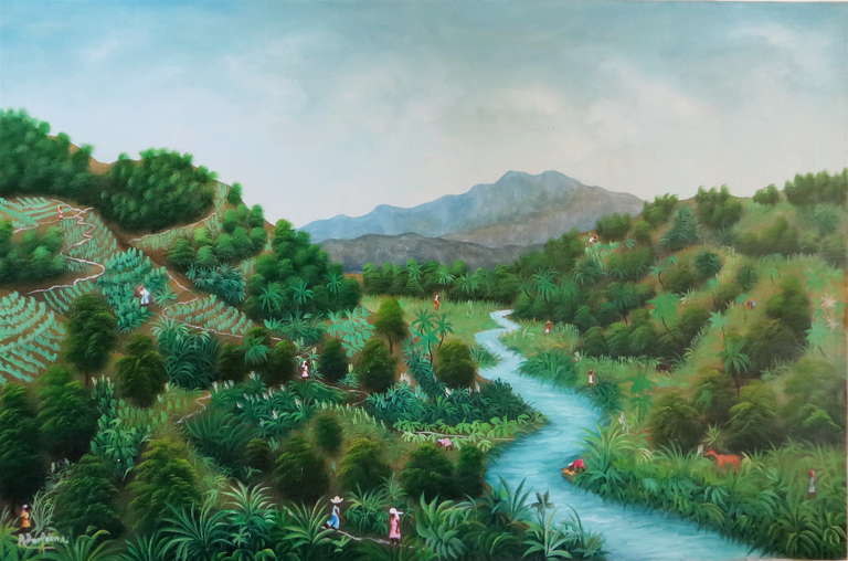 This oil on canvas is a pleasant and colorful depiction of the local inhabitants in a tropical setting, going about their daily farming activities alongside a river, reminiscent of the style of folk art paintings appearing in this region during the
