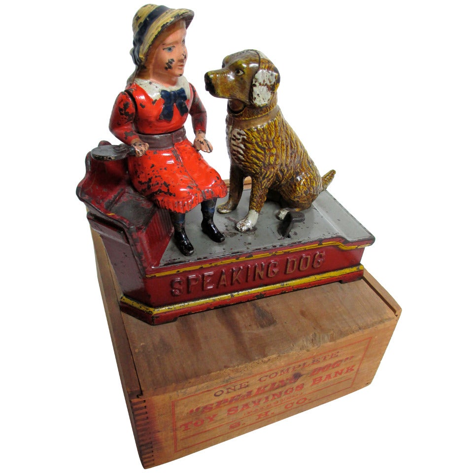 Mechanical Bank ,Speaking Dog', circa 1885 with Original Wooden Box