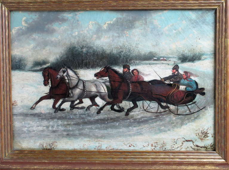 Excellent quality 19th century Russian oil painting on canvas. Winter scene depicting two horse drawn sleighs driven by pair of couples through the countryside. Painting has a Currier and Ive's 
