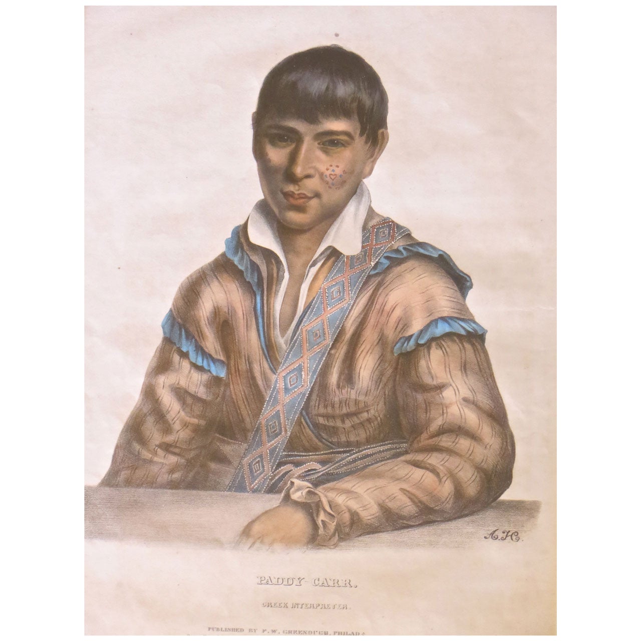Mckenny and Hall Hand-Painted Lithograph "Paddy-Carr Creek Interpreter", 1838