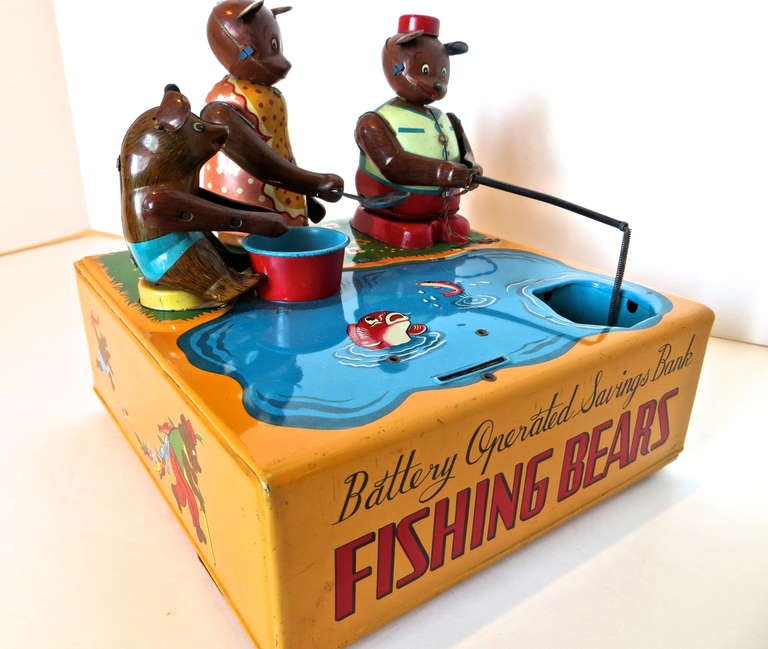 Mechanical Bank 'Fishing Bears', circa 1950s In Excellent Condition In Incline Village, NV