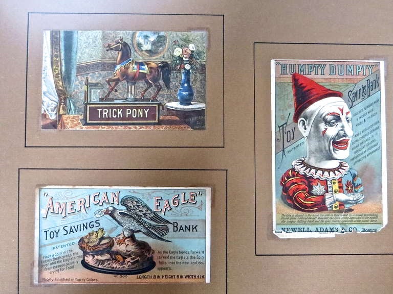 Folk Art Five Mechanical Bank Trade Cards in Frame, circa 1880s For Sale