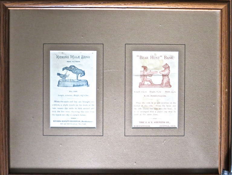 Paper Five Mechanical Bank Trade Cards in Frame, circa 1880s For Sale