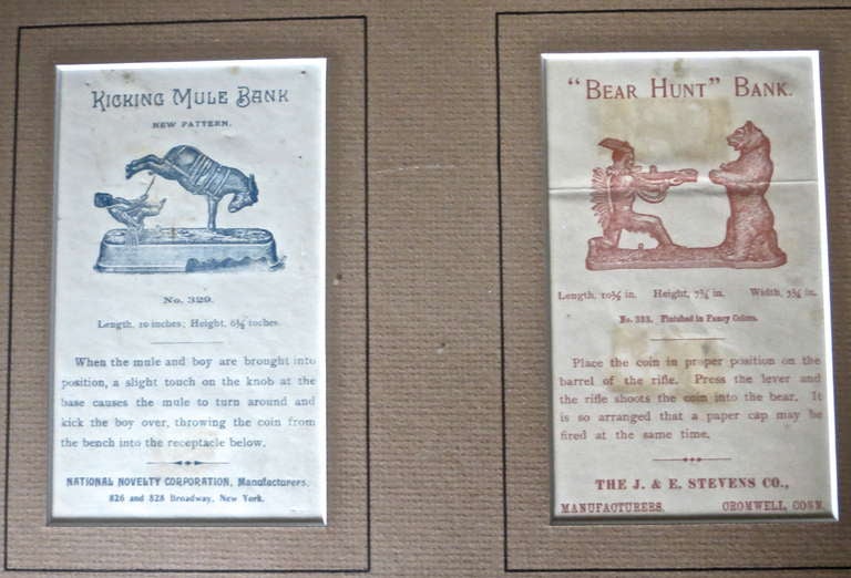 Five Mechanical Bank Trade Cards in Frame, circa 1880s For Sale 1