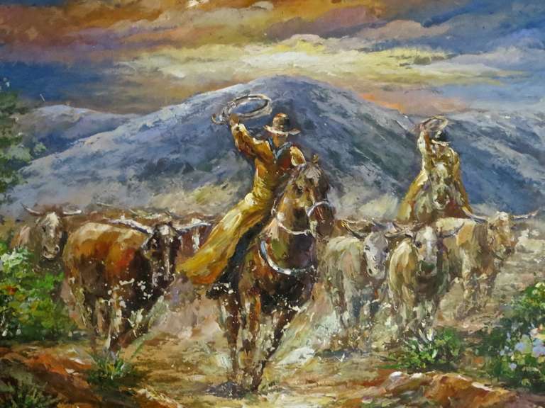 Contemporary painting has very pleasing western subject matter depicting two cowboys actively taking part in a roundup of a herd of cattle . Takes place in a valley with surrounding mountains and a colorful western day's end sky.

Painting is