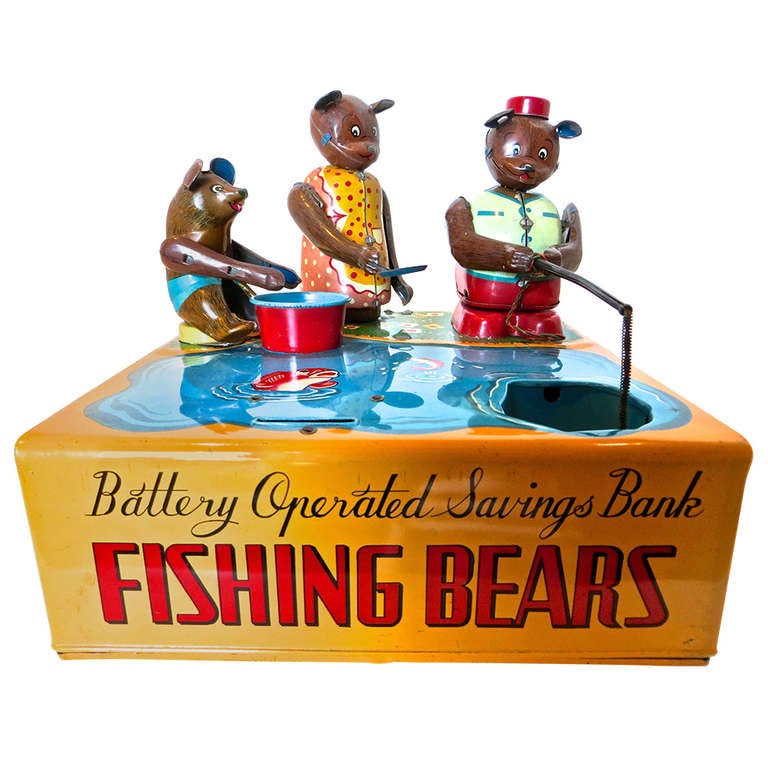 Mechanical Bank "Fishing Bears" Circa 1950's For Sale at