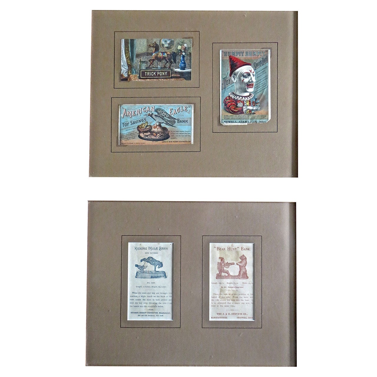 Cinque carte commerciali bancarie meccaniche in cornice, circa 1880