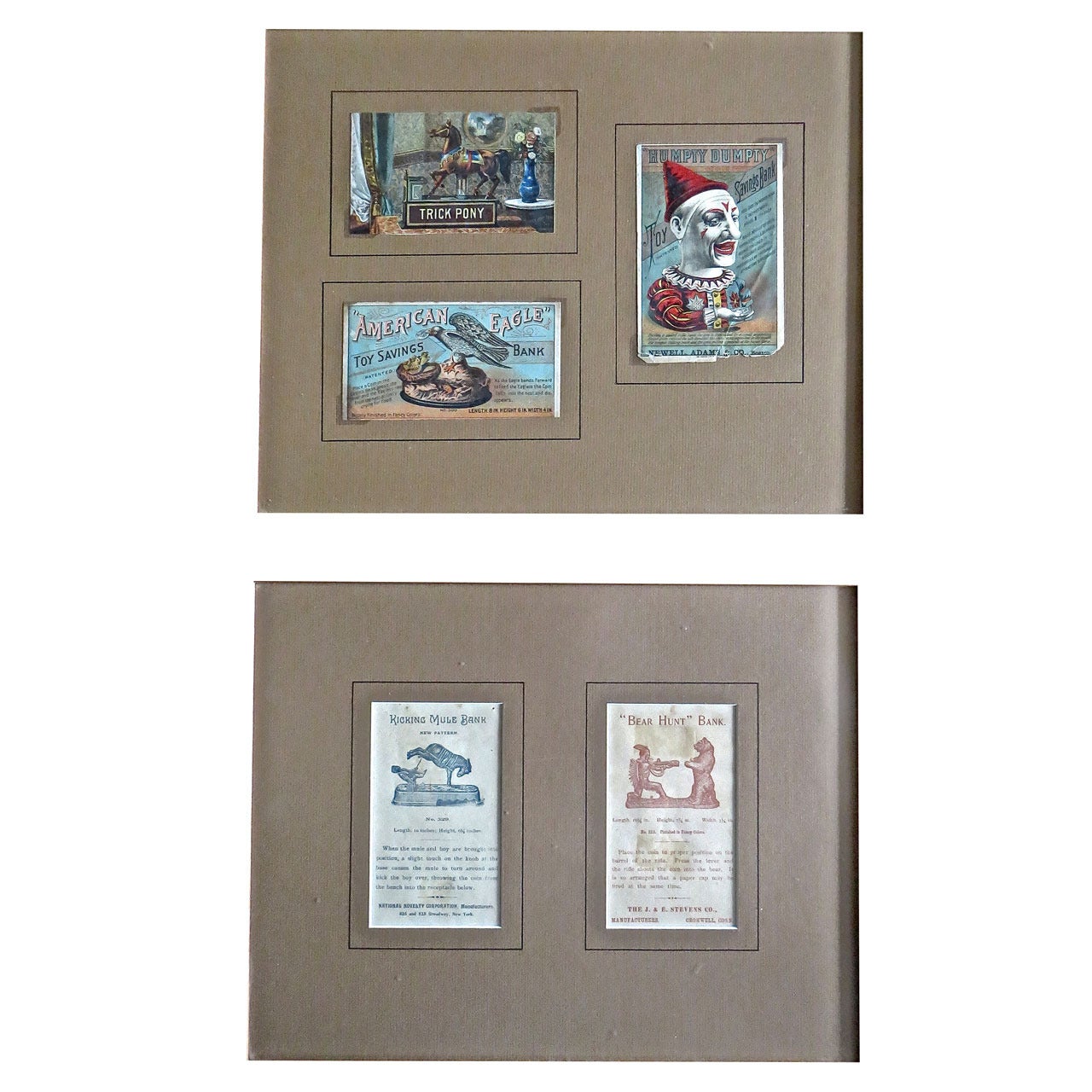 Five Mechanical Bank Trade Cards in Frame, circa 1880s For Sale