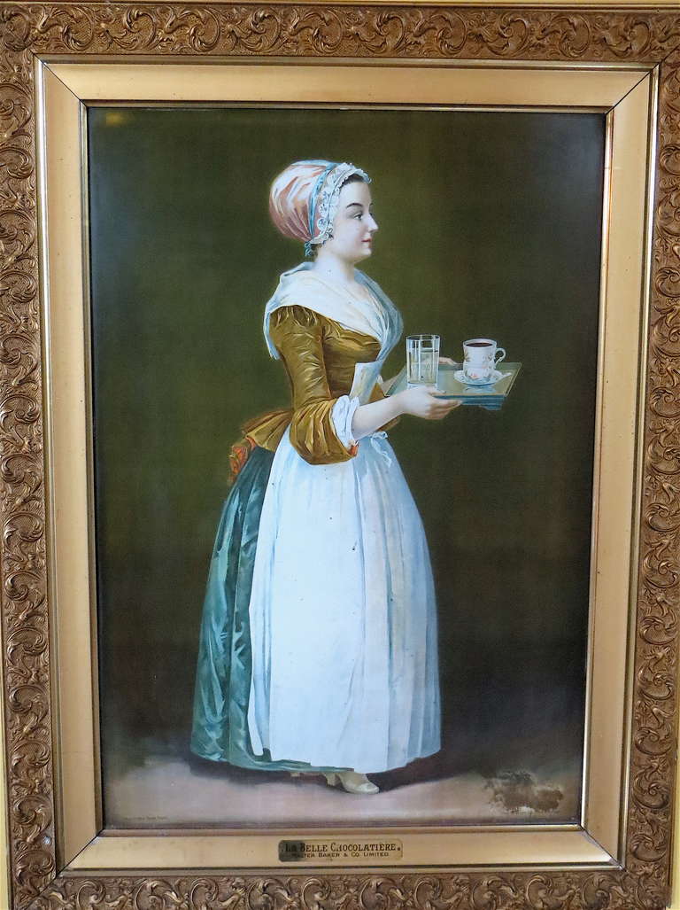 This is a very rare and iconic piece of early advertising, branding the Walter Baker Chocolate Company and standing over 4 feet tall. Much history surrounds this Victorian chromolithographed image on tin sign and the famous 