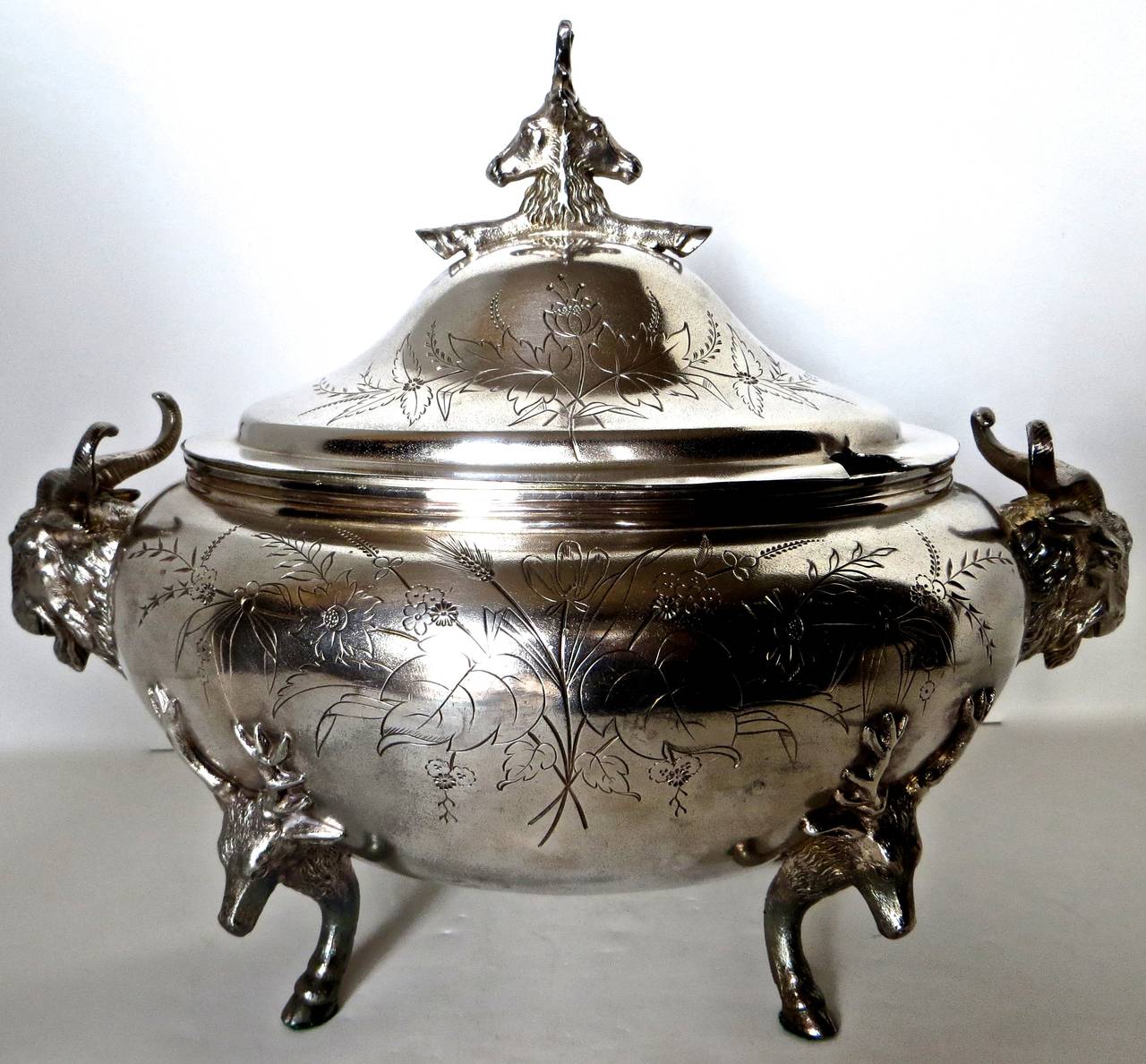 Silvered Silver Plated Covered Tureen with Deer and Ram Motif, circa 1885, Meriden For Sale