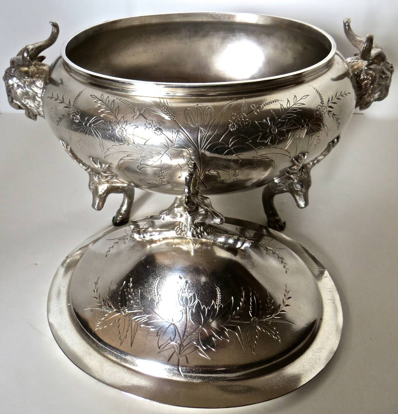 Silver Plated Covered Tureen with Deer and Ram Motif, circa 1885, Meriden In Good Condition For Sale In Incline Village, NV