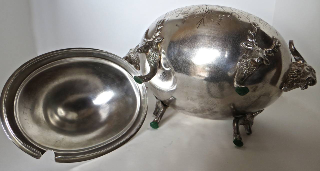Victorian Silver Plated Covered Tureen with Deer and Ram Motif, circa 1885, Meriden For Sale