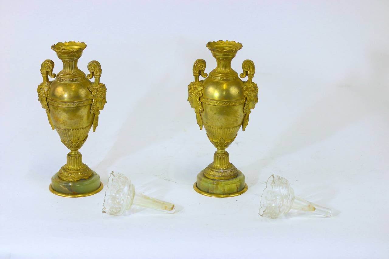 Fine Neoclassic Gilt Bronze Vases Urns Grecian Faces-circa1850 Provenance In Good Condition For Sale In West Palm Beach, FL