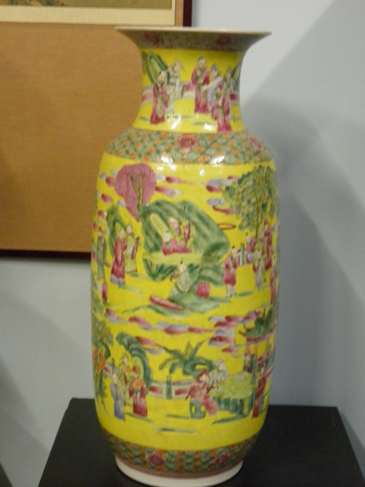 Hand-Painted Massive Imperial Style Palatial Yellow Chinese Porcelain Vases 19th century For Sale