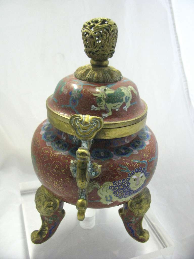 Chinese Export Republic Period Chinese Cloisonne Gilt Tripod Lidded Censer For Sale