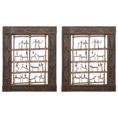 Ethnographic Pair of Wood Carved Animals Wall Panel with Metal Animals & Figures