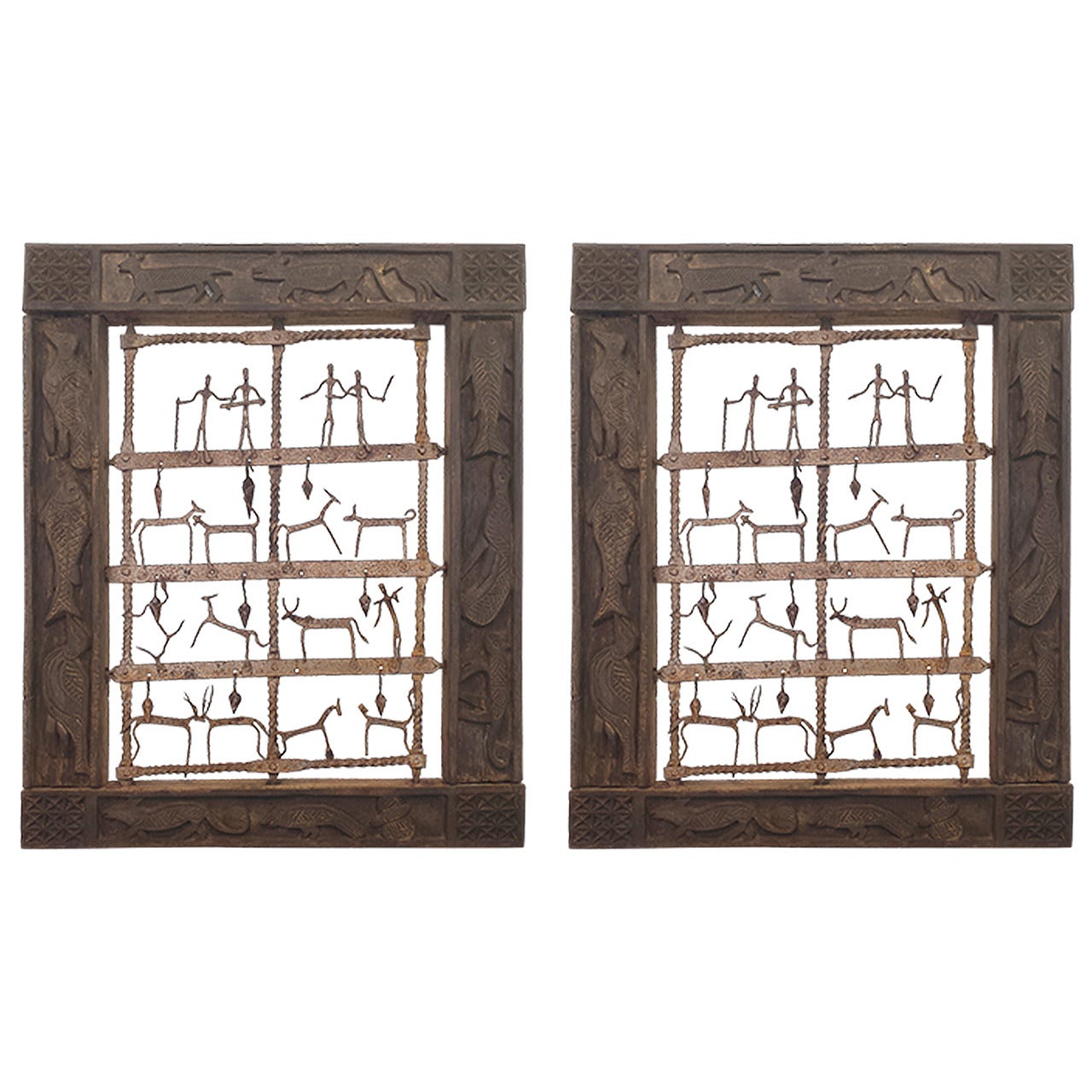 Ethnographic Pair of Wood Carved Animals Wall Panel with Metal Animals & Figures For Sale