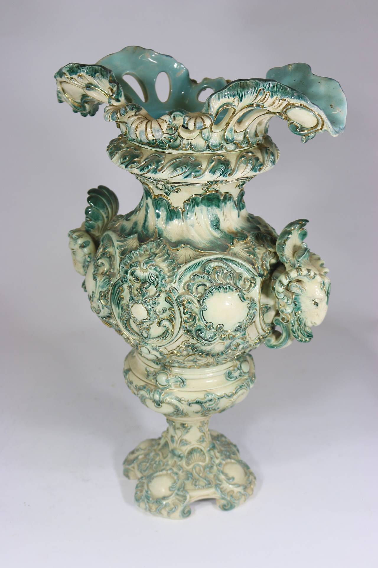 KPM Style Large Porcelain Austrian Vase with Rams Head Details  circa 1891 In Excellent Condition For Sale In West Palm Beach, FL