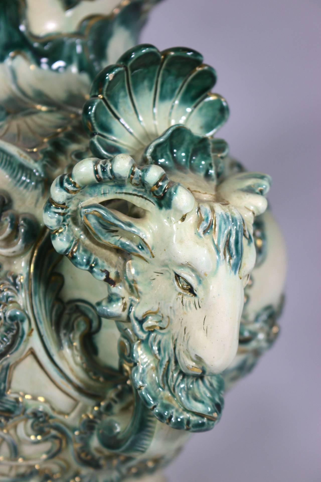 19th Century KPM Style Large Porcelain Austrian Vase with Rams Head Details  circa 1891 For Sale