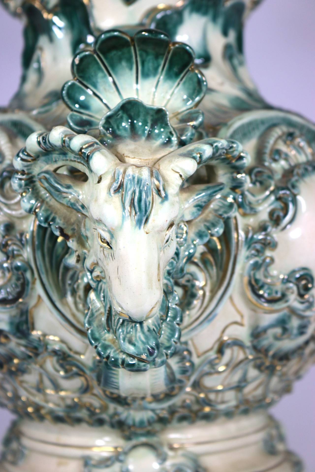 Gold Leaf KPM Style Large Porcelain Austrian Vase with Rams Head Details  circa 1891 For Sale