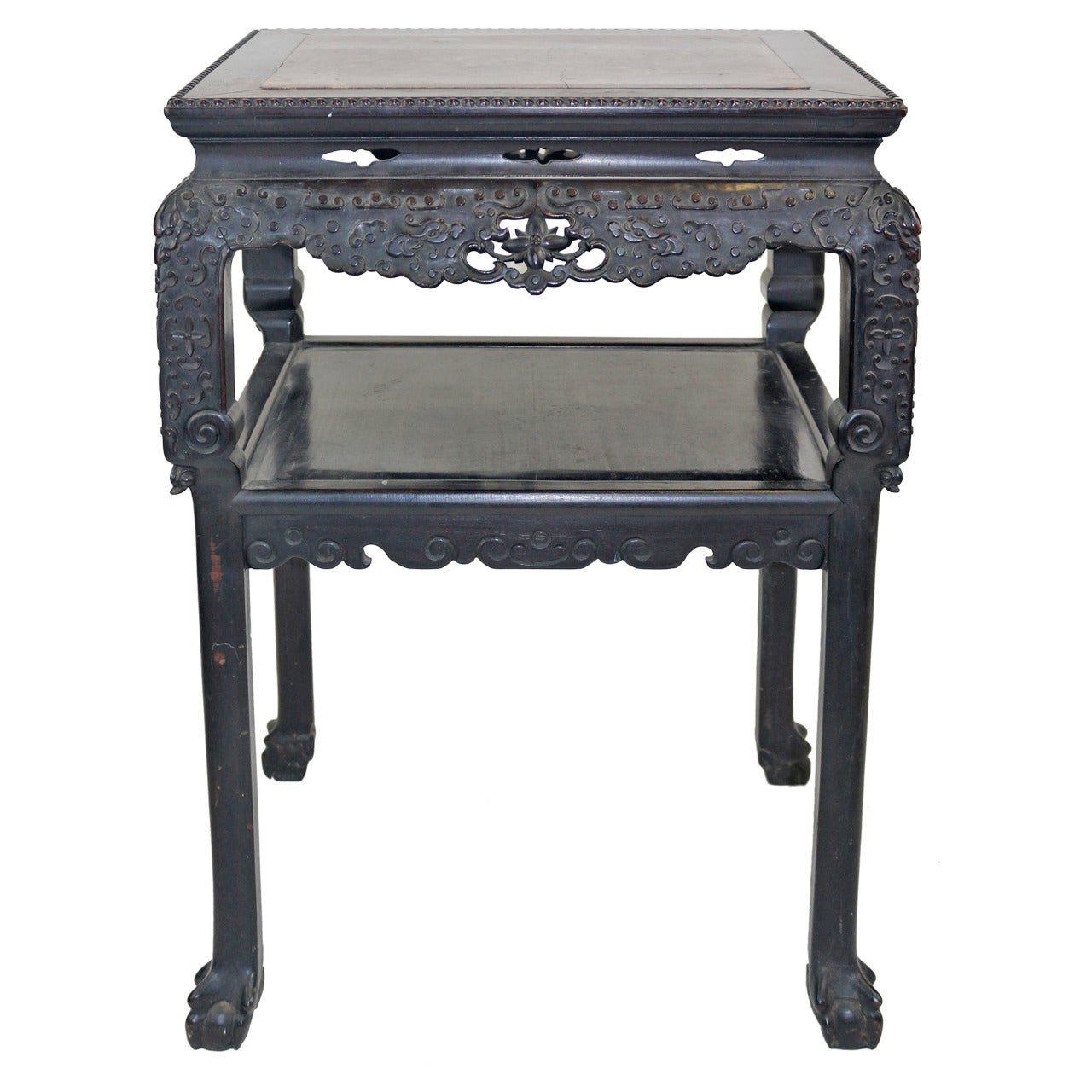Chinese Qing Hardwood Highly Carved Table Tabouret Marble Inlay Top, circa 1830 For Sale