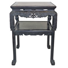Antique Chinese Qing Hardwood Highly Carved Table Tabouret Marble Inlay Top, circa 1830