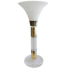 Large Lucite Brass Urn Table Lamp Glass Shade, 1960s