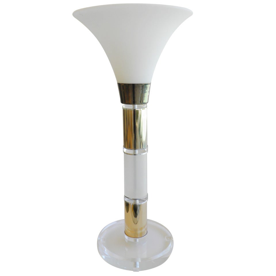Large Lucite Brass Urn Table Lamp Glass Shade, 1960s For Sale