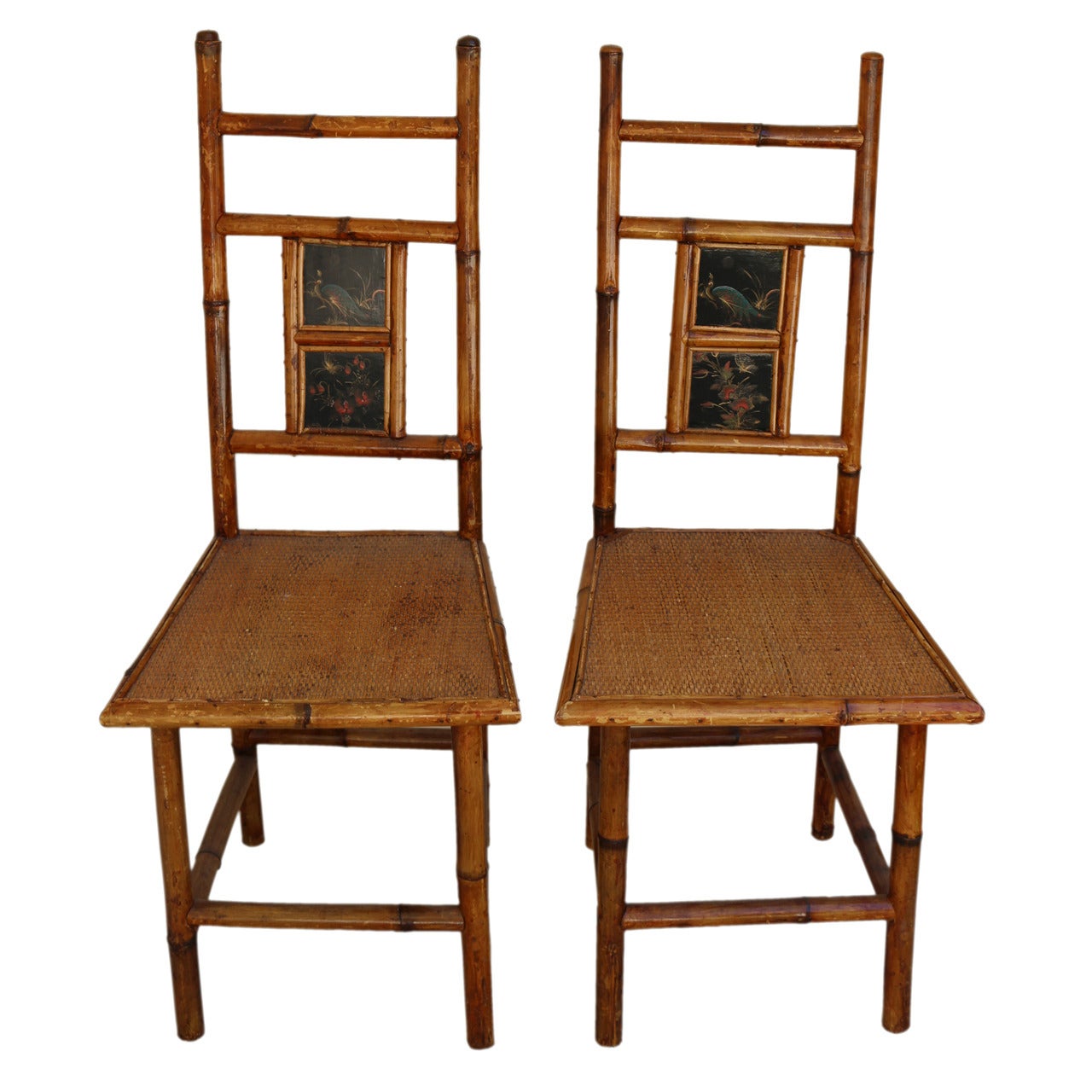 Exotic Bamboo Chinoiserie Side Chairs-Peacocks & Butterfly Inset Paintings 19thc