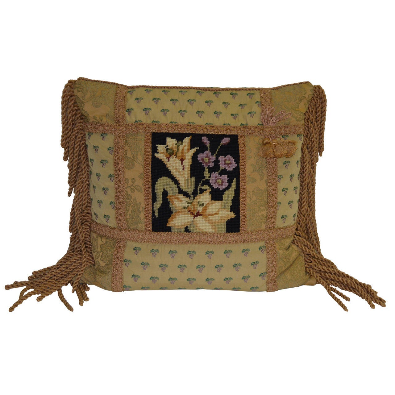 Vintage Floral Wool Needlepoint Trimmed Fringed Pillow For Sale at 1stDibs