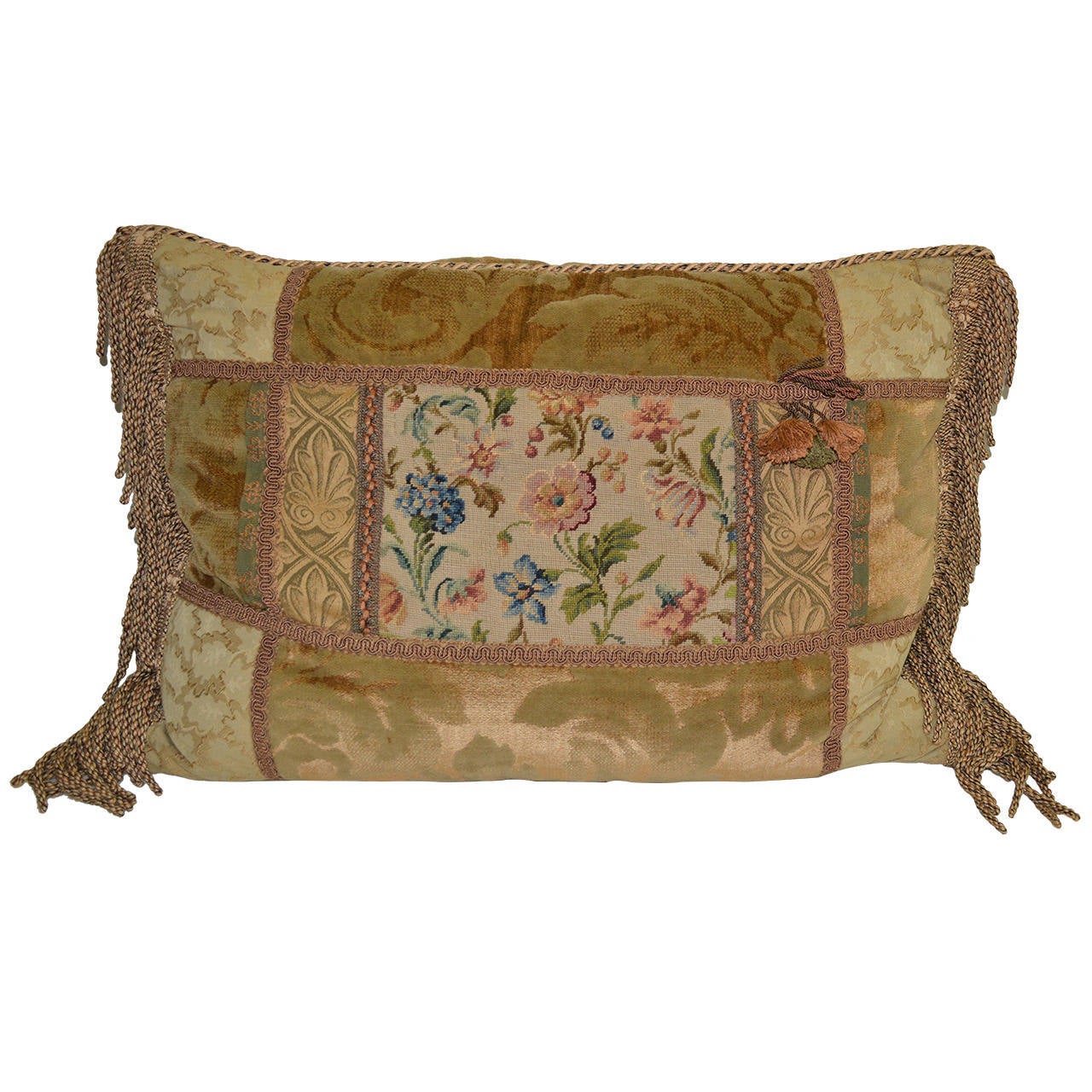 Vintage Floral Needlepoint Trimmed Fringed Pillow For Sale at 1stdibs