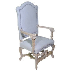 19th Century Highly Carved BaroquenThrone Armchair Bleached with Linen Upholster 3