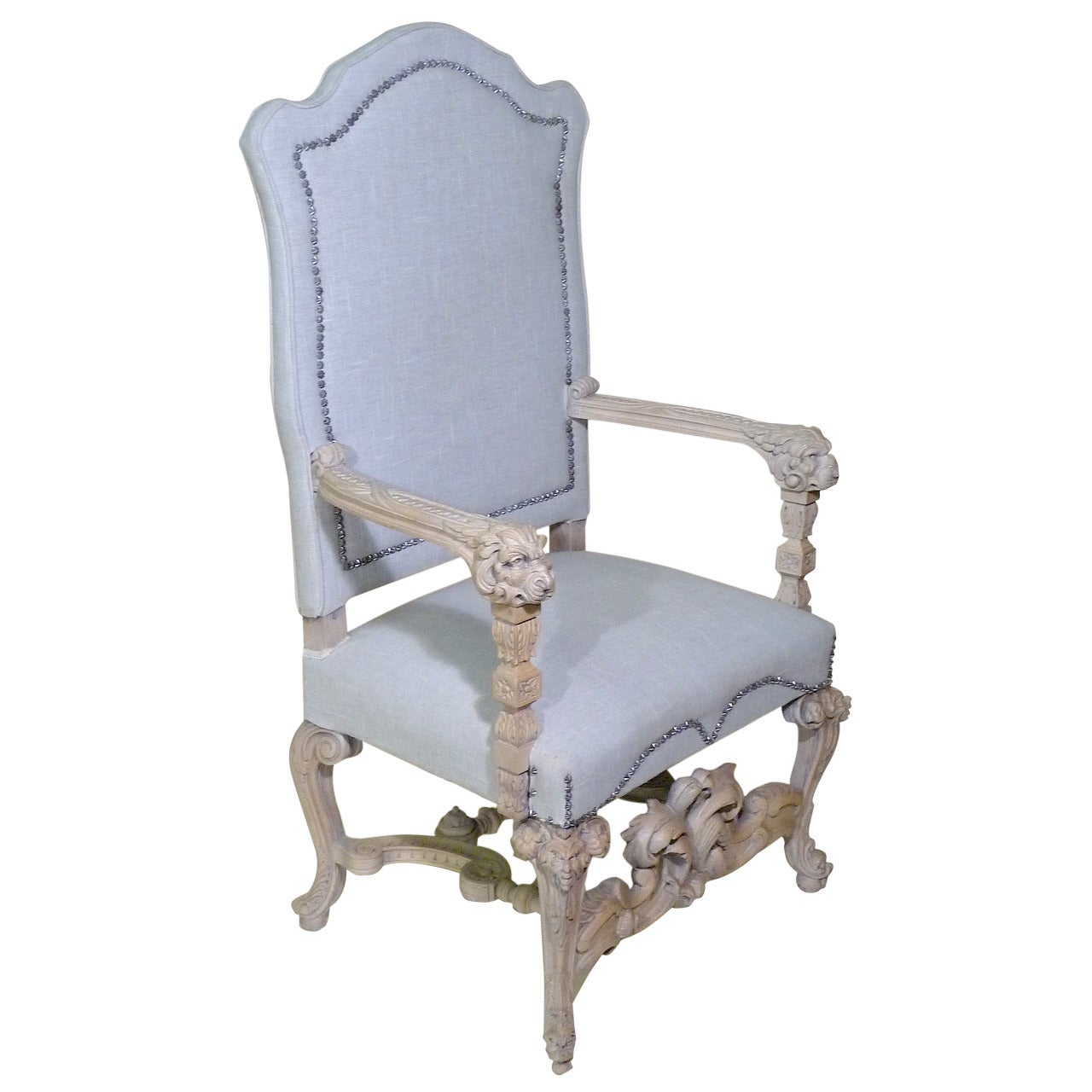 19th Century Highly Carved BaroquenThrone Armchair Bleached with Linen Upholster For Sale