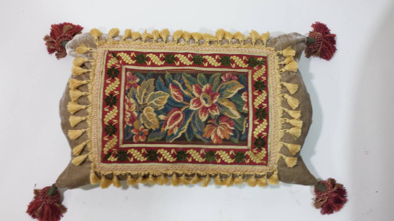 Exotic Vintage Needlepoint Panel with Tassel Fringe Trim and Tassel Corners