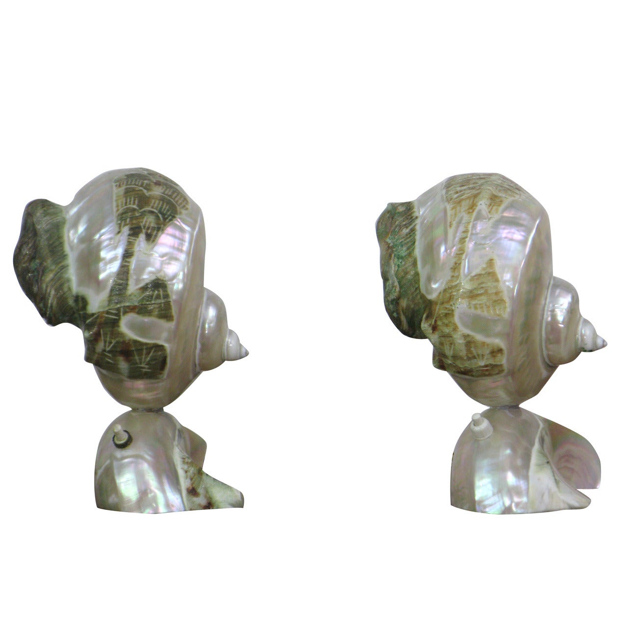 Rare Pair of Natural Decorated "Iridescent Turban" Shell Lamps, 1930s For Sale
