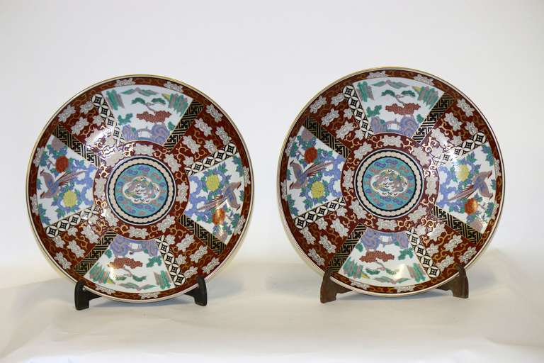 Pair of Japanese large Imari chargers. Fine porcelain with multi floral reserves of various forms. Very handsome duo.
Late 19th/ early 20th century
Provenance-assembled from our family's Maryland estate, The Edith Hale Harkness estate. The Harkness