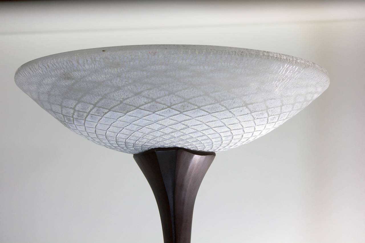 Minimalist Organic Sculptural Floor Lamp Edgar Brandt manner, Daum Manner Glass Shade-Signed For Sale