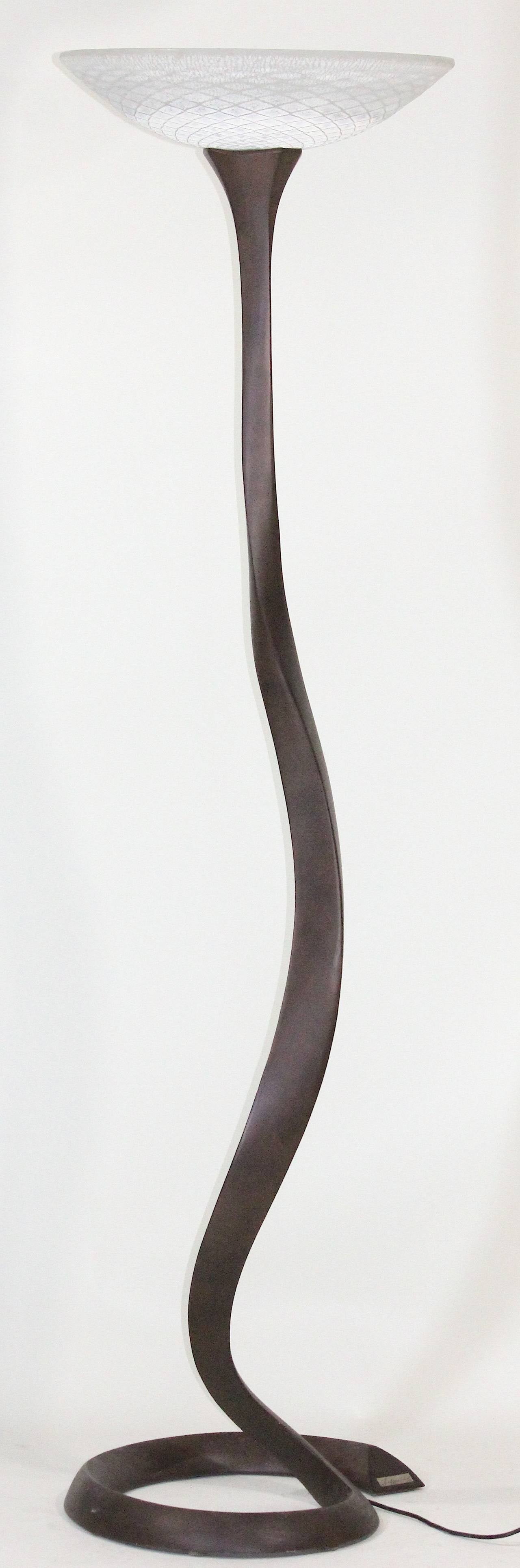 20th Century Organic Sculptural Floor Lamp Edgar Brandt manner, Daum Manner Glass Shade-Signed For Sale
