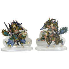 Chinese Pair of Large Roof Tile Warriors on Foo Lions with Custom Plexi Stands