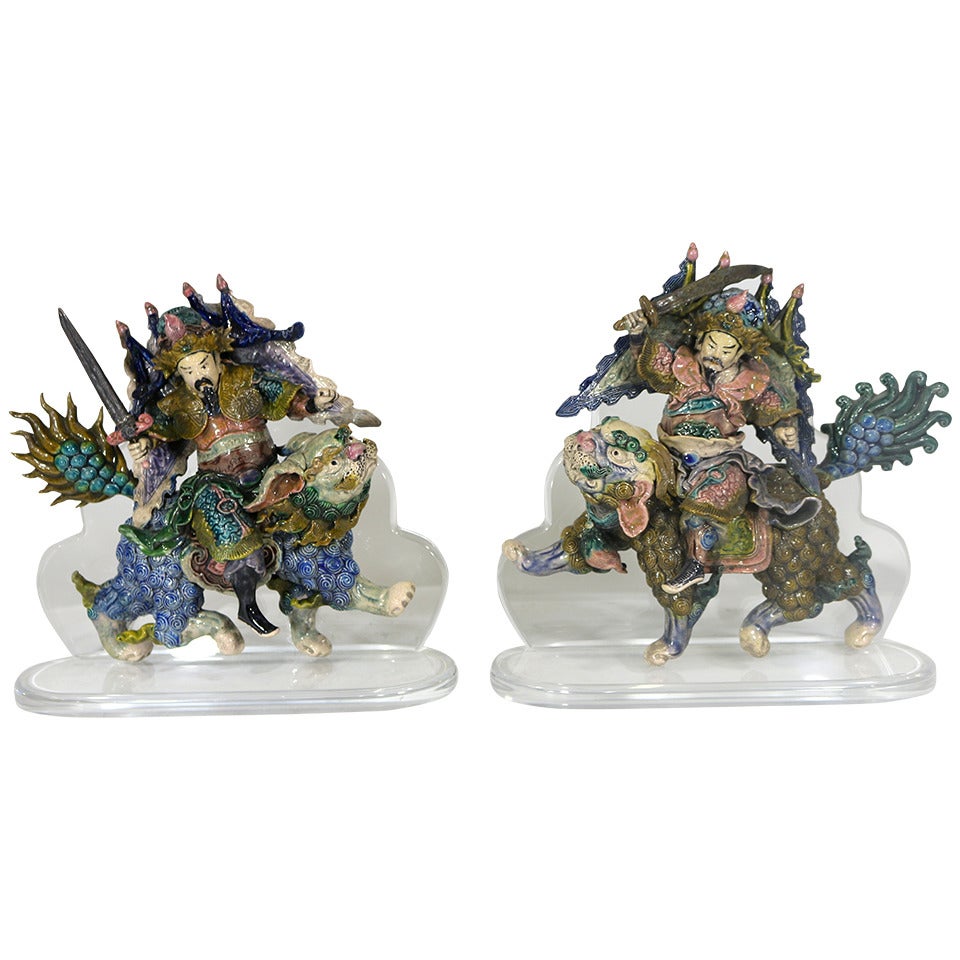 Chinese Pair of Large Roof Tile Warriors on Foo Lions with Custom Plexi Stands For Sale