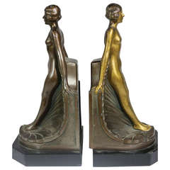 1930s Art Deco Sculptural Nude Bookends with Silver/Gold Patina Ladies