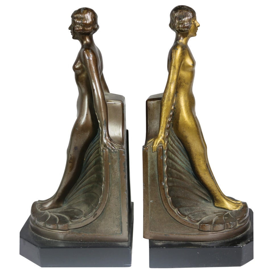 1930s Art Deco Sculptural Nude Bookends with Silver/Gold Patina Ladies For Sale