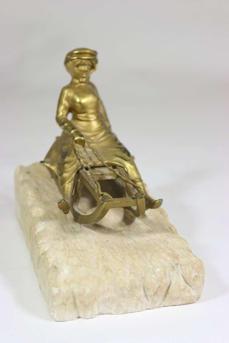 Magical Rare Art Deco Sledding Figural Bookends, Marble Carved 'Ice' Base 1