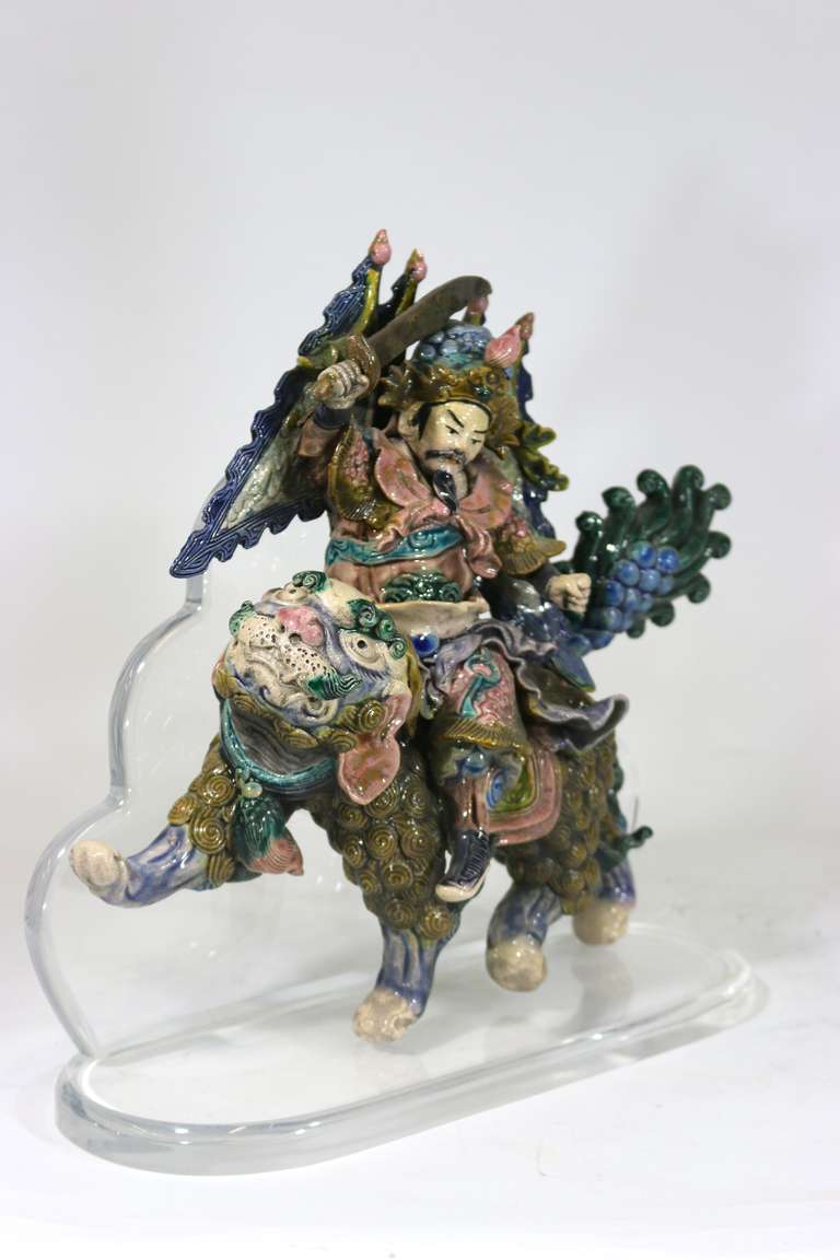 Chinese Pair of Large Roof Tile Warriors on Foo Lions with Custom Plexi Stands For Sale 1