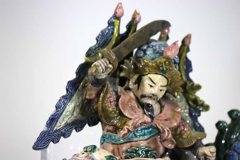Chinese Pair of Large Roof Tile Warriors on Foo Lions with Custom Plexi Stands For Sale 3