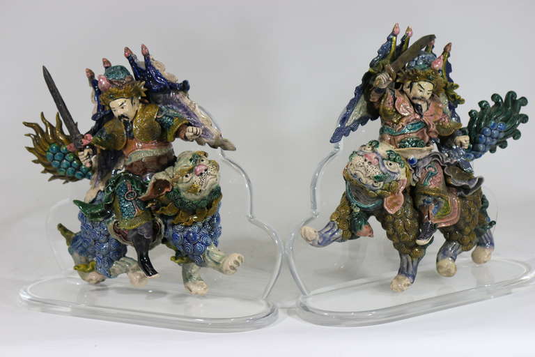 Archaistic Chinese Pair of Large Roof Tile Warriors on Foo Lions with Custom Plexi Stands For Sale