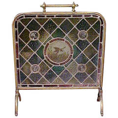 19th Century Aesthetic Movement Stained Glass and Brass Fire Screen