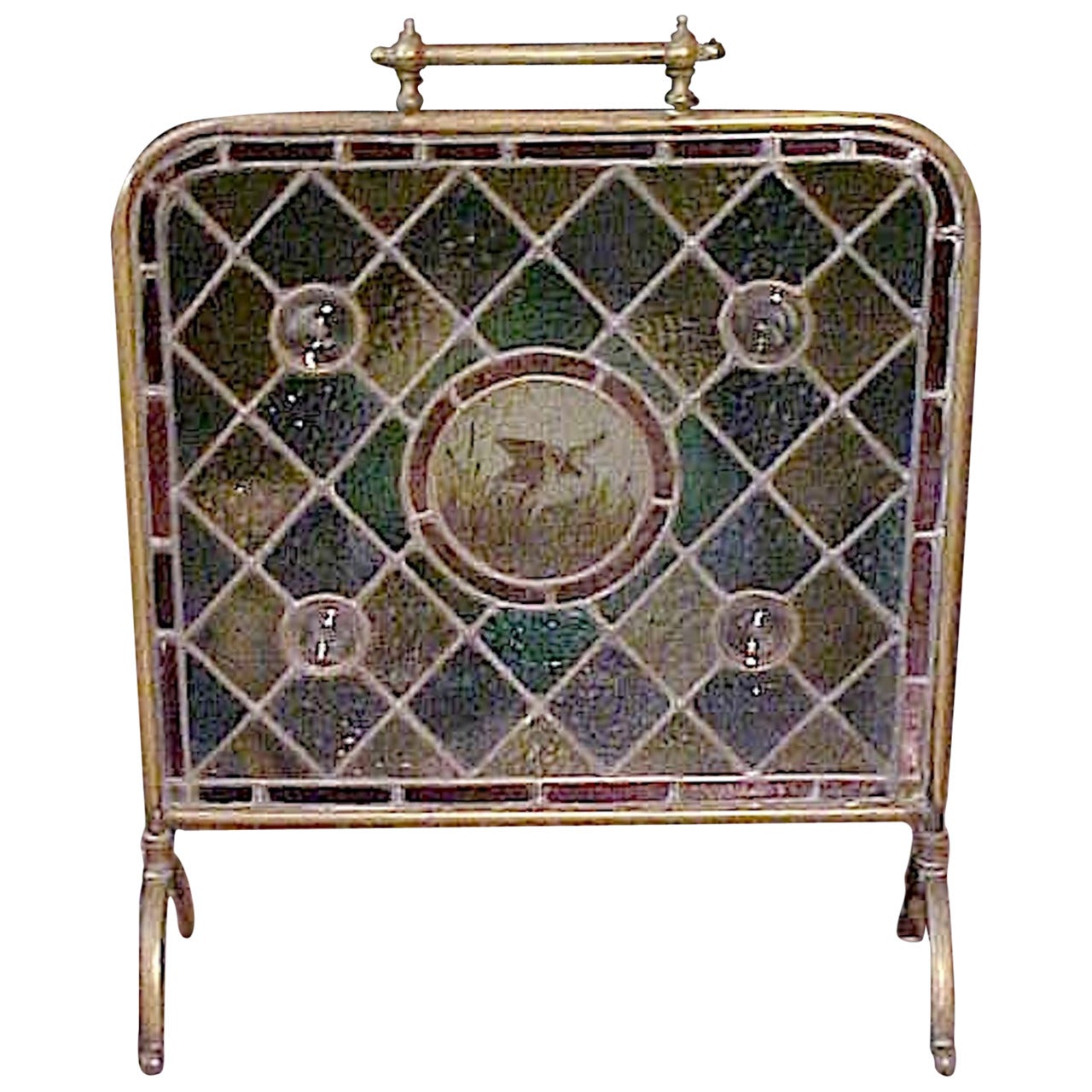 19th Century Aesthetic Movement Stained Glass and Brass Fire Screen For Sale
