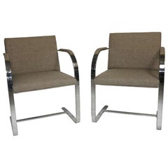 Pair Mies 'Brno' Arm Chairs Flat Bar-Harris Tweed Fabric-Brueton Labels